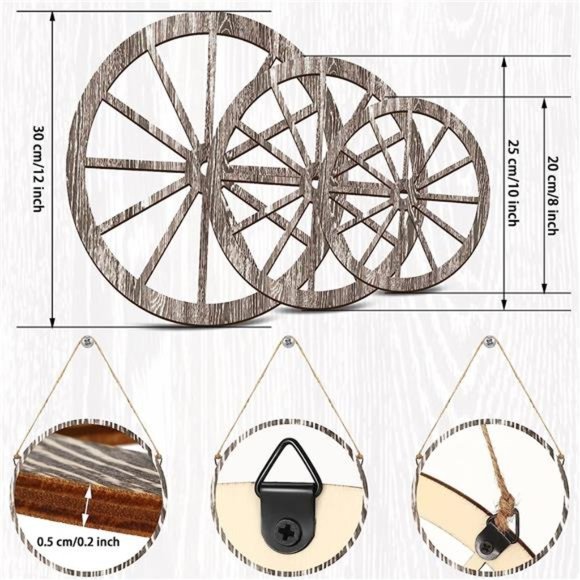 3 Pcs Wooden Wagon Wheel Decor 12/10/8 Inch Old Western Western Wall Decor - Picture 3 of 6